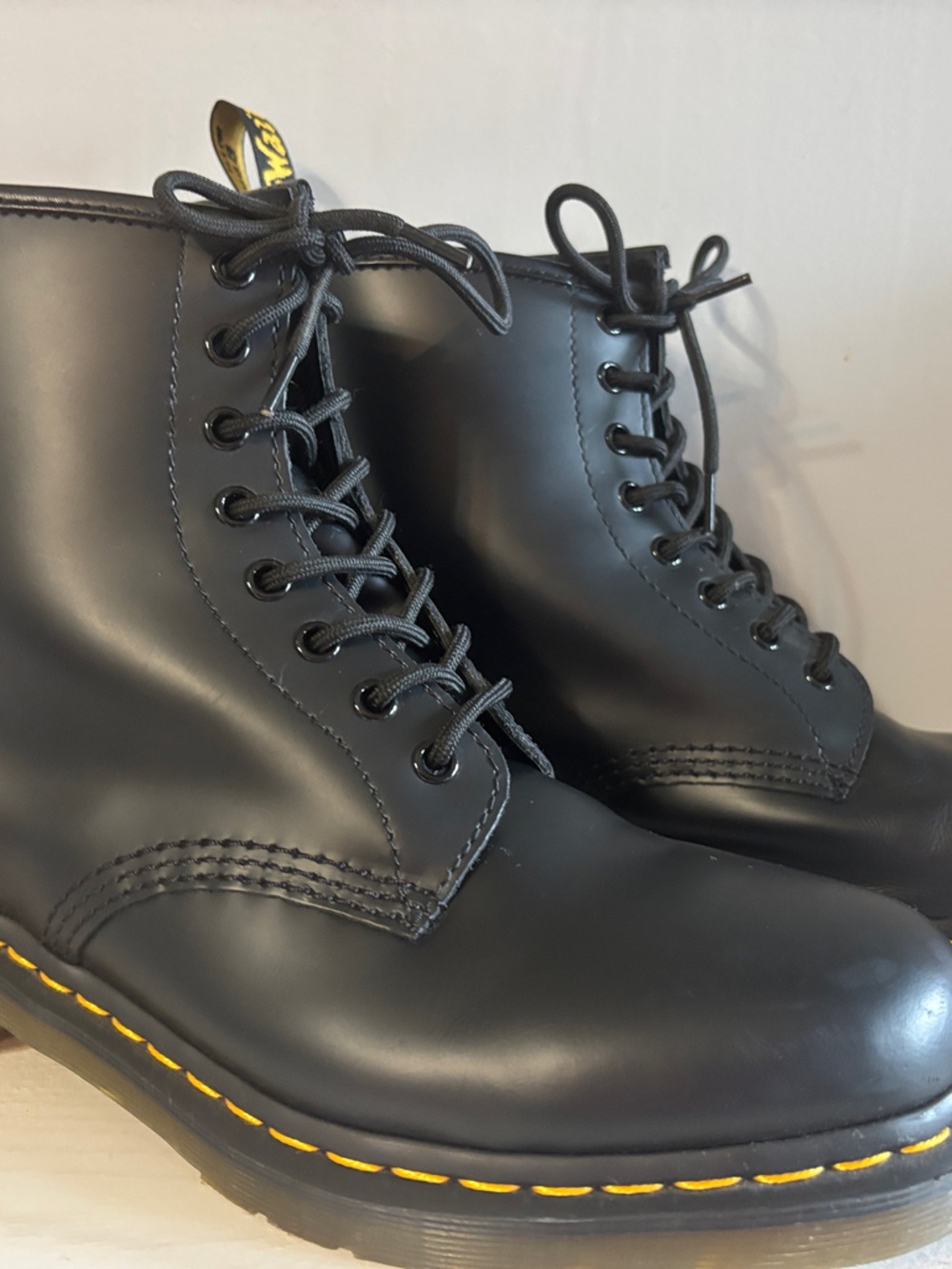 Dr. Martens Black 8-Eye Leather Lace-Up Boots with Yellow Stitching